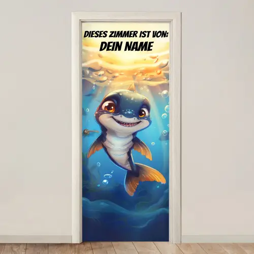 Fröhlicher kleiner Hai unter Wasser. deurposter klein -3d_beige