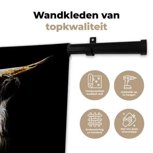 Schotse hooglander - Goud - Hoorns - Zwart wit - Koe - Dieren Wandkleed katoen klein -sfeer2