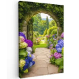 Doorkijk - Poort - Hortensia - Bloementuin Tuinposter op houten frame 2 cm dik klein -3d