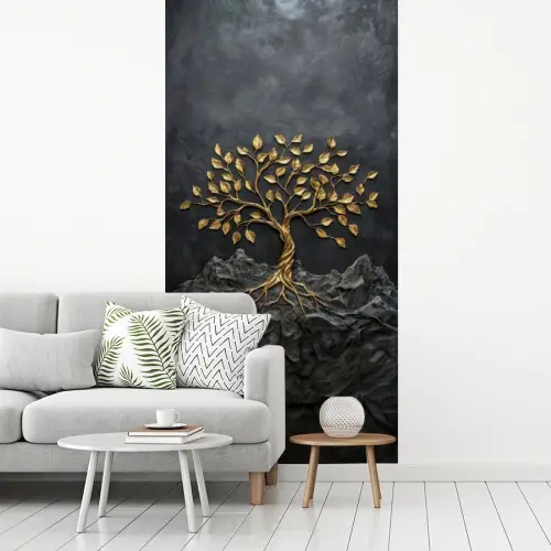 Bladeren - Goud - Boom - Rots fotobehang vinyl groot -woonkamer