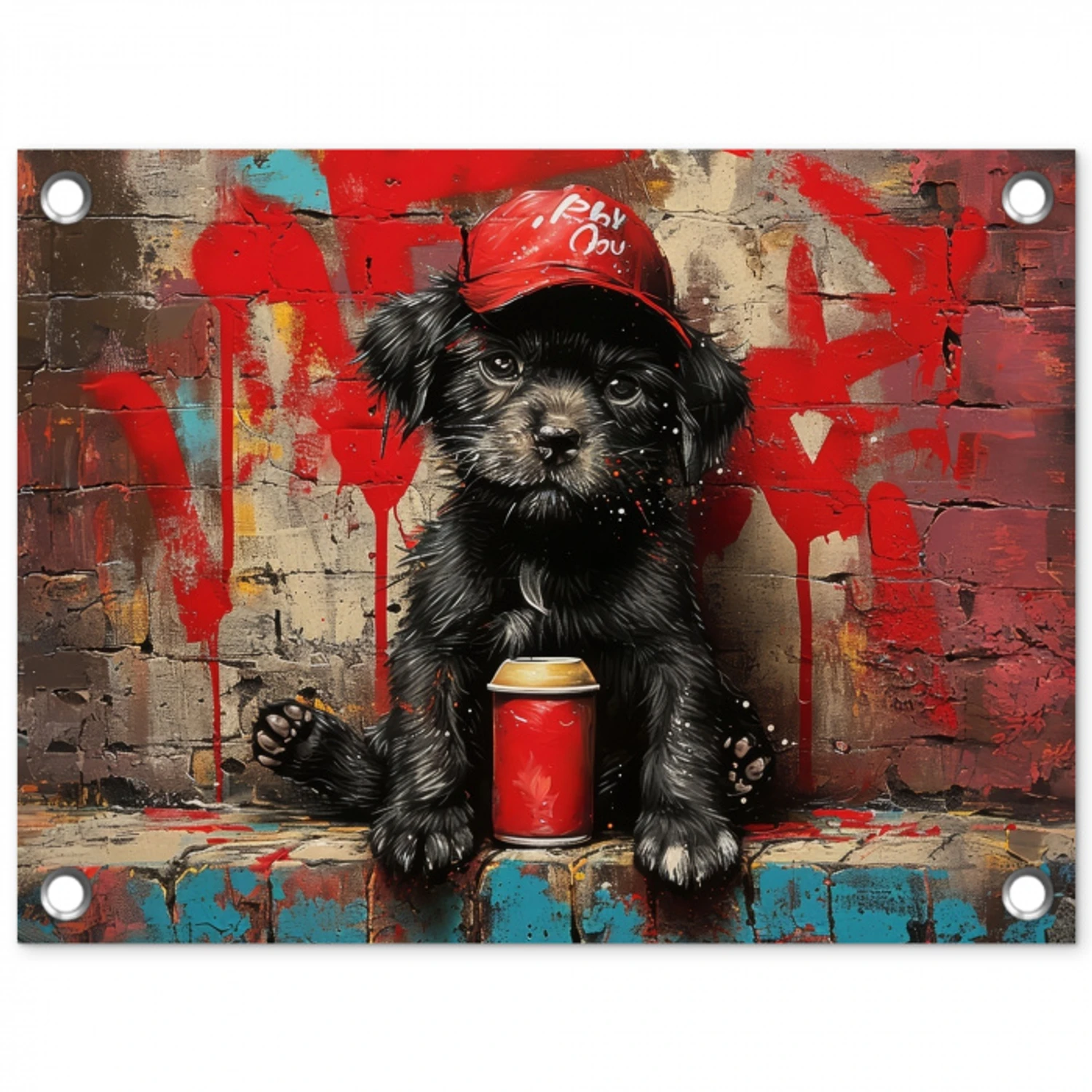 Puppy met Rode Pet en Spuitbus tuinposter los doek klein -3d