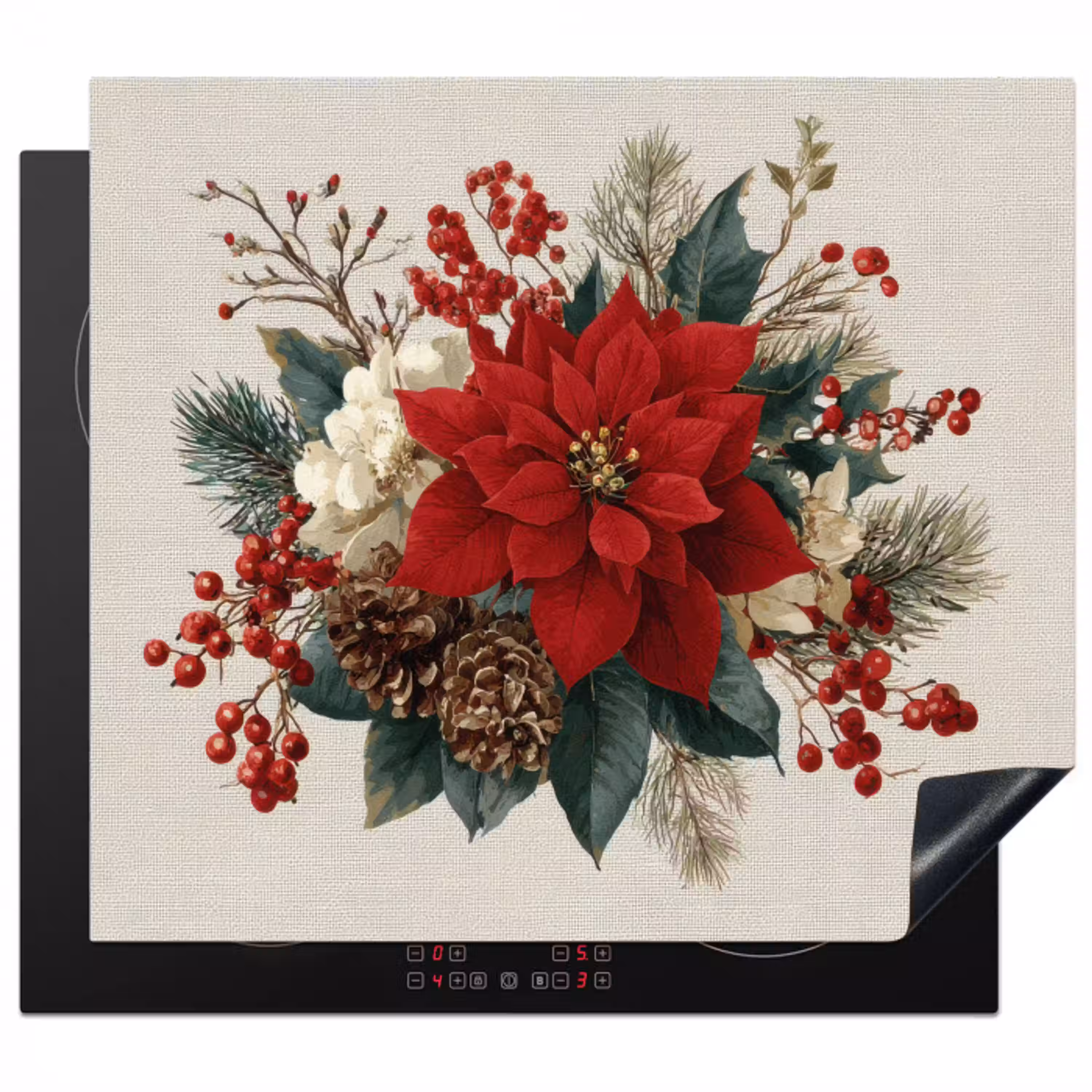 Kerststuk - Poinsettia - Dennenappels - Rood Inductie beschermer vinyl 3mm middel -3d