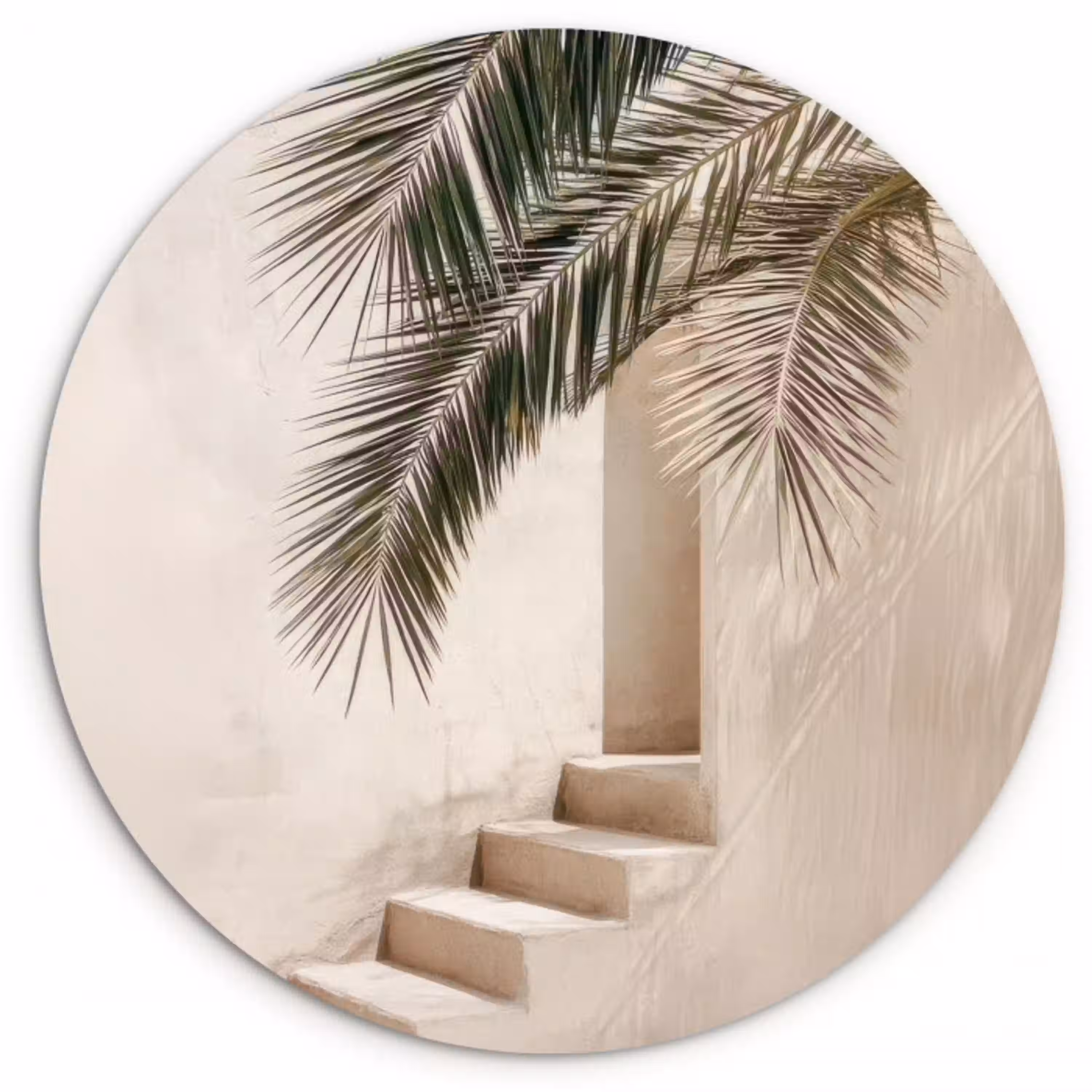 Palmboom - Schaduw - Trap - Beige Wandcirkel kunststof plaat 5mm dik klein -3d