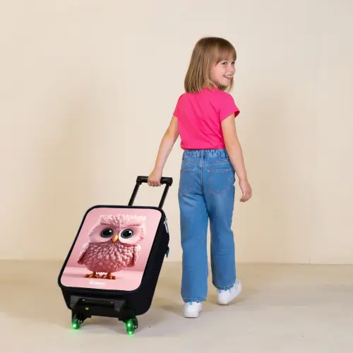 Roze uil met blauwe ogen Kinderkoffer - Zwart klein -sfeer1