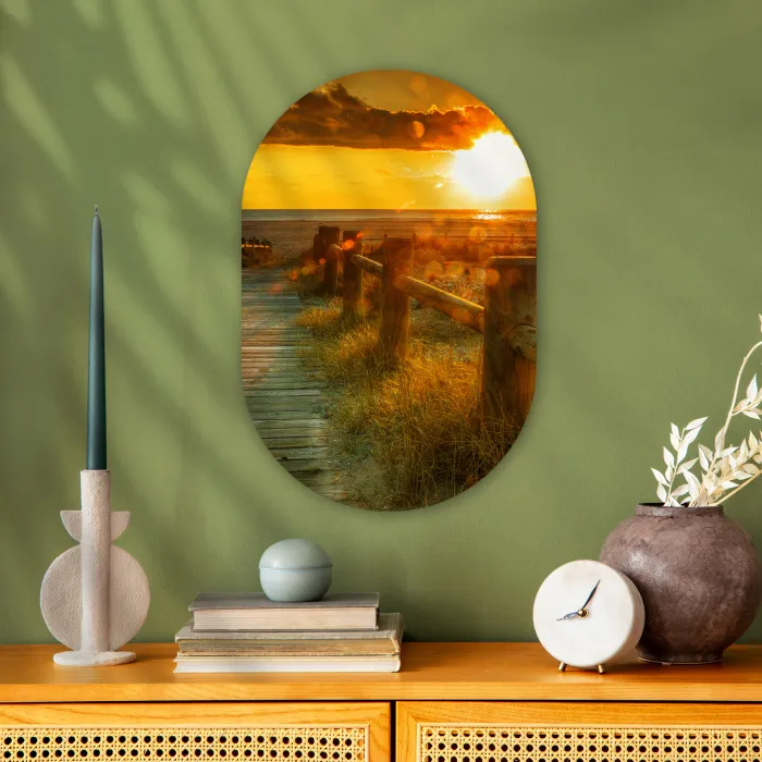 Zon - Strand - Duin - Horizon - Gras - Pad - Oranje Wandcirkel Ovaal Forex klein -sfeer2
