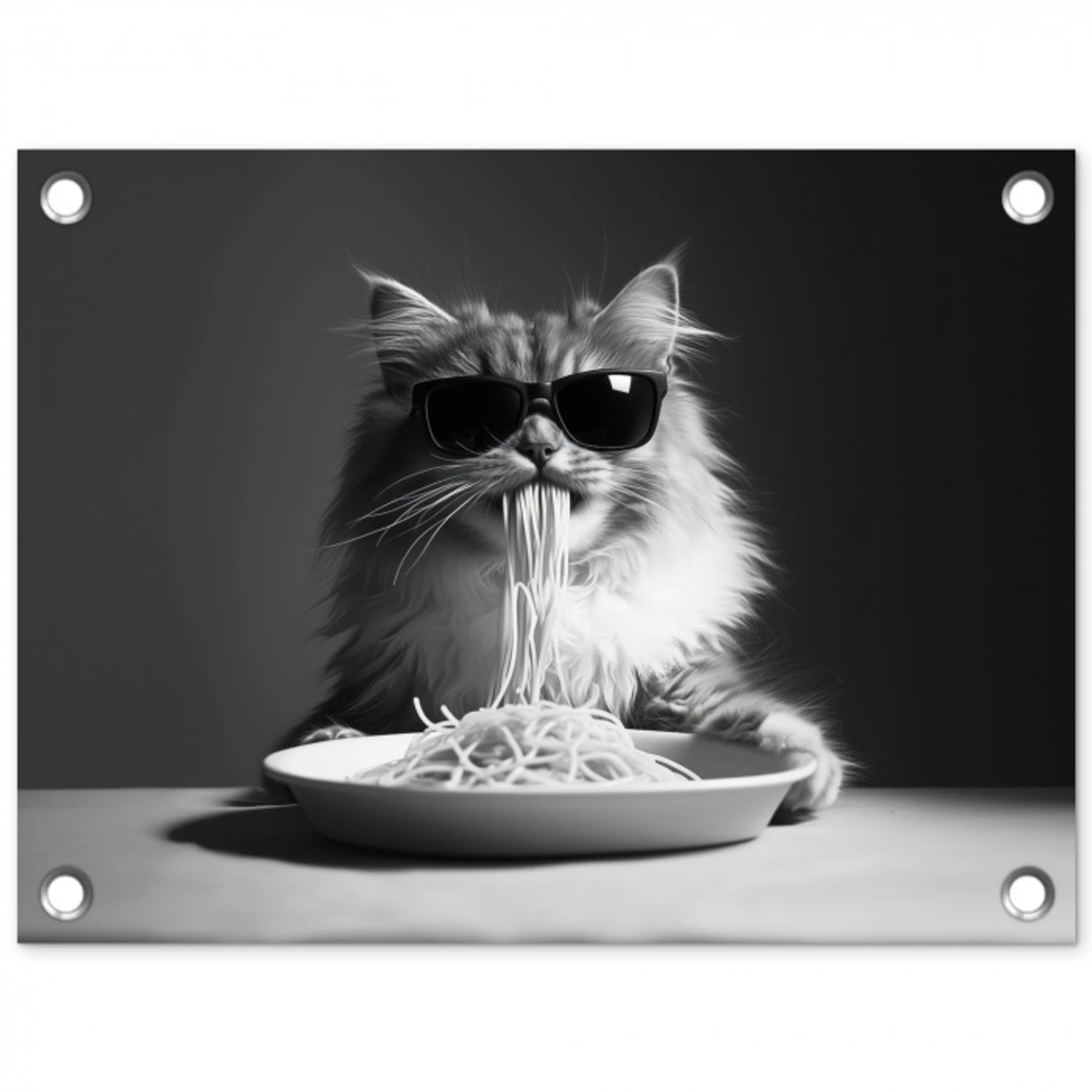 Langharige kat - Zonnebril - Spaghetti - Humor - Zwart - wit tuinposter los doek klein -3d