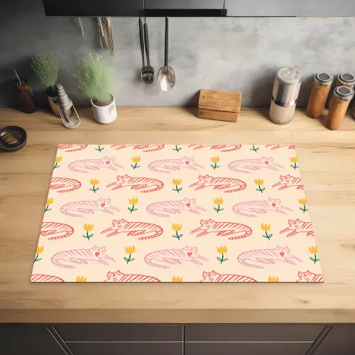 Rood - Roze - Katten - Bloemen Inductie beschermer vinyl 3mm klein 276 -sfeer5