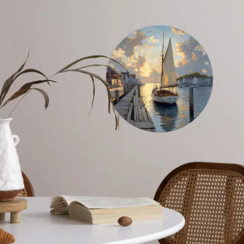 Zeilboot - Zon - Pier - Hout Wandcirkel behangsticker klein -sfeer3