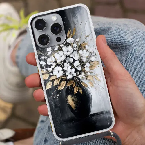 Bloemen - Wit - Vaas - Abstract Hoesje iPhone 16 Pro Max met koord klein -sfeer3