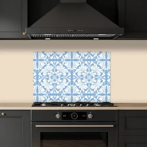 Tegel - Patroon - Wit - Blauw keuken achterwand spatscherm klein 900 -sfeer1