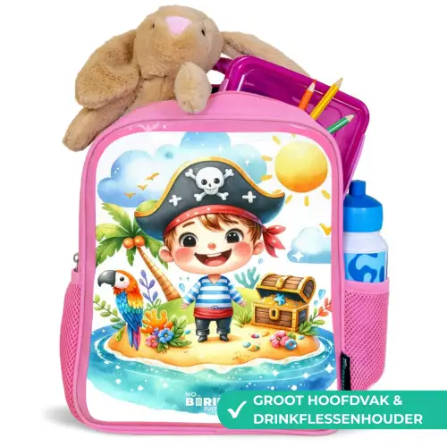 Piraat op een eiland Kinderrugzak - Roze middel -inhoud_NL