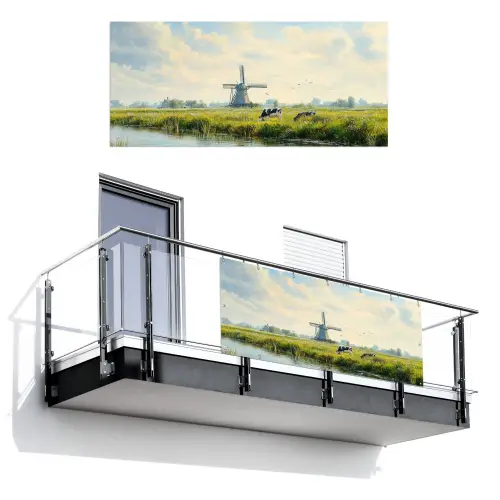 Koeien - Windmolen - Weide - Blauw Balkonbeschermer Duitsland klein -3d