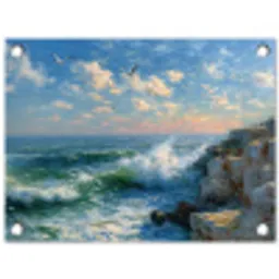 Zee - Golven - Rotsen - Meeuwen tuinposter los doek klein -3d