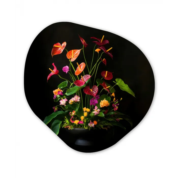 Bloemen - Vaas - Kleurrijk Wandcirkel Organisch Aluminium middel -3d