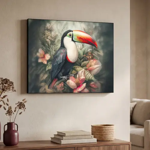 Toekan - Vogels - Bloemen - Planten - Tropisch Textielframe zwart klein -sfeer3