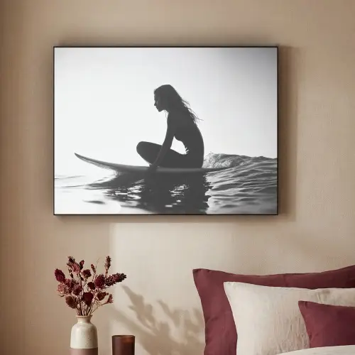 Silhouet - Vrouw - Surfplank - Water Textielframe zwart klein -sfeer1