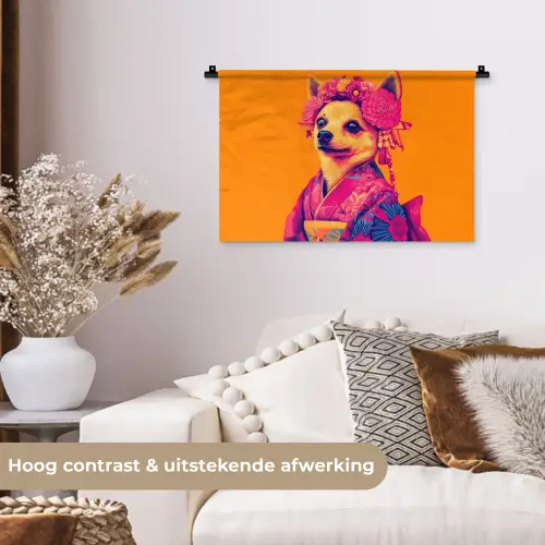 Kimono - Hondje - Bloemenkroon - Oranje Wandkleed katoen klein -sfeer1