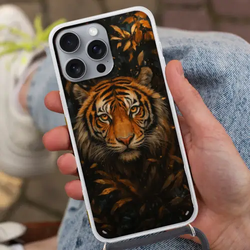 Bladeren - Tijger - Oranje Hoesje iPhone 16 Pro Max met koord klein -sfeer3