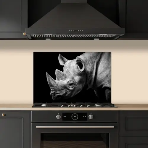 Dieren - Neushoorn - Zwart - Wit - Portret keuken achterwand spatscherm klein -sfeer1
