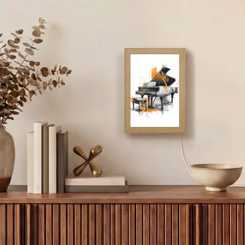 Piano - Oranje - Zwart - schets lijnen Light Box met kabel (Tafellamp) klein -sfeer2