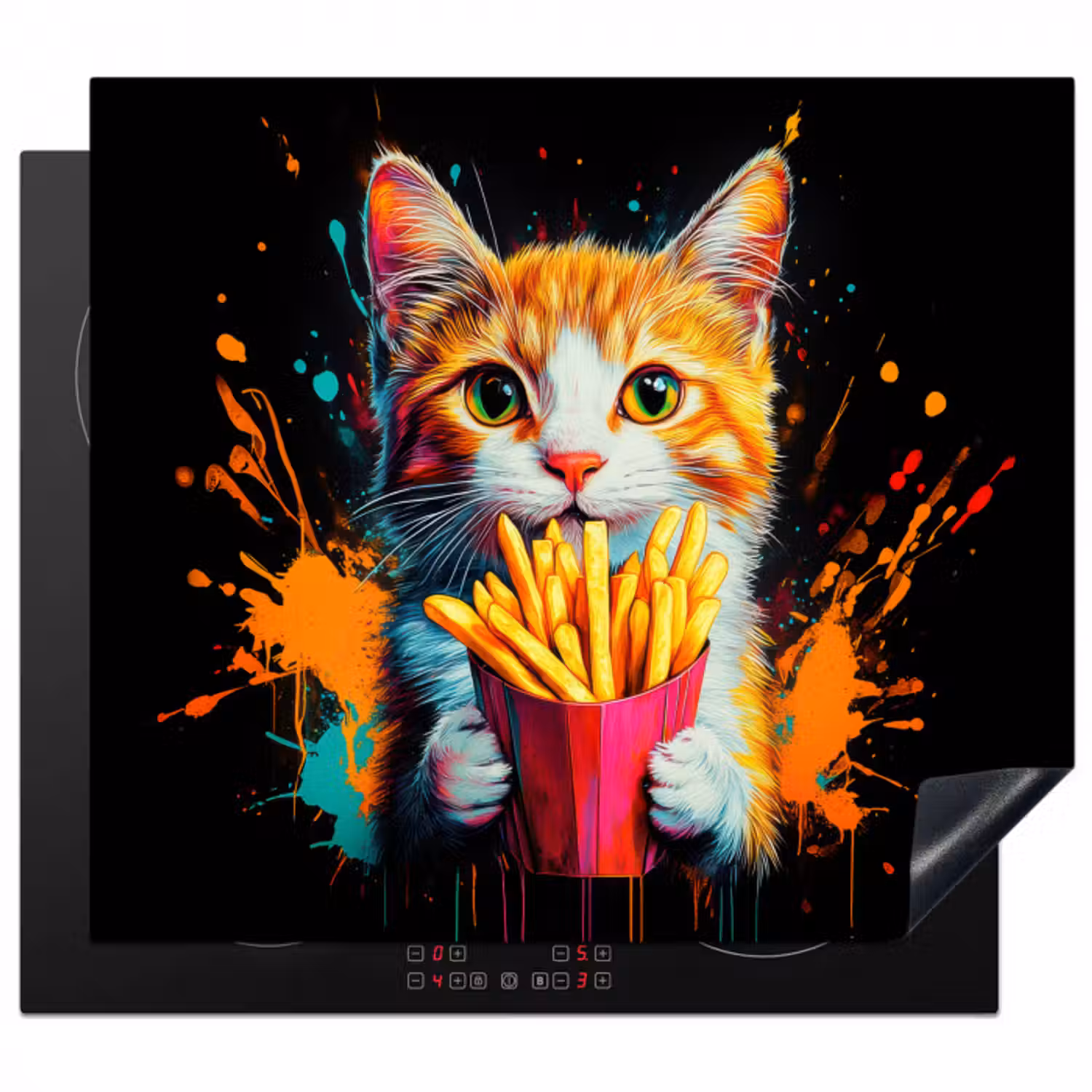 Herdabdeckplatte - Katze - Essen - Pommes frites - Graffiti - Abstrakt