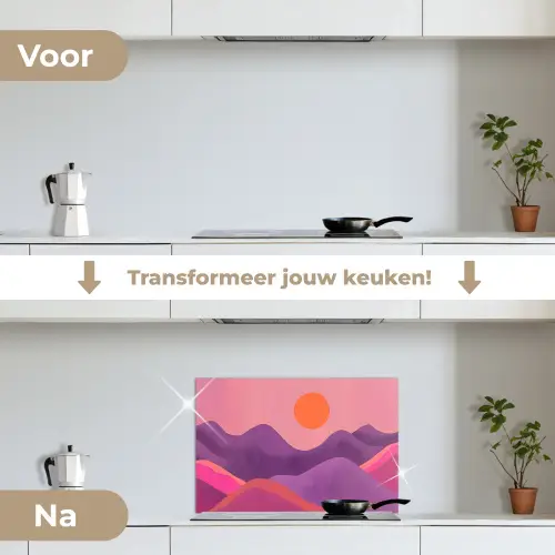 Zon - Heuvels - Paars - Abstract keuken achterwand spatscherm klein -voor_na_NL
