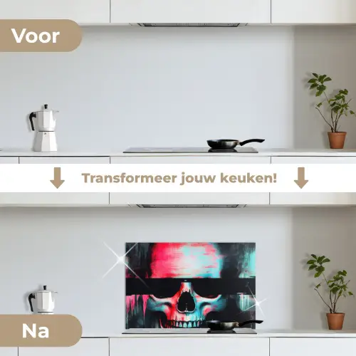 Schedels - Glitch - Cyberpunk keuken achterwand spatscherm klein -voor_na_NL