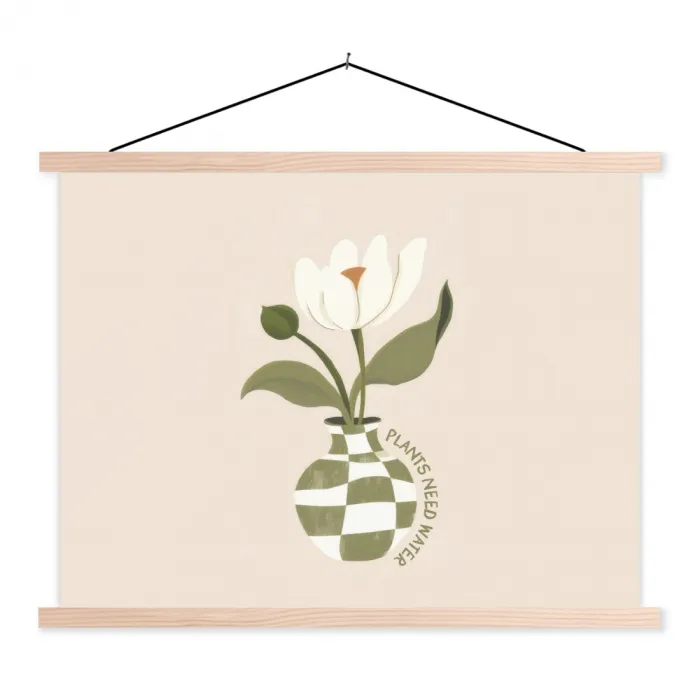 Bloem - Wit - Vaas - Quote textielposter latten blank klein -3d