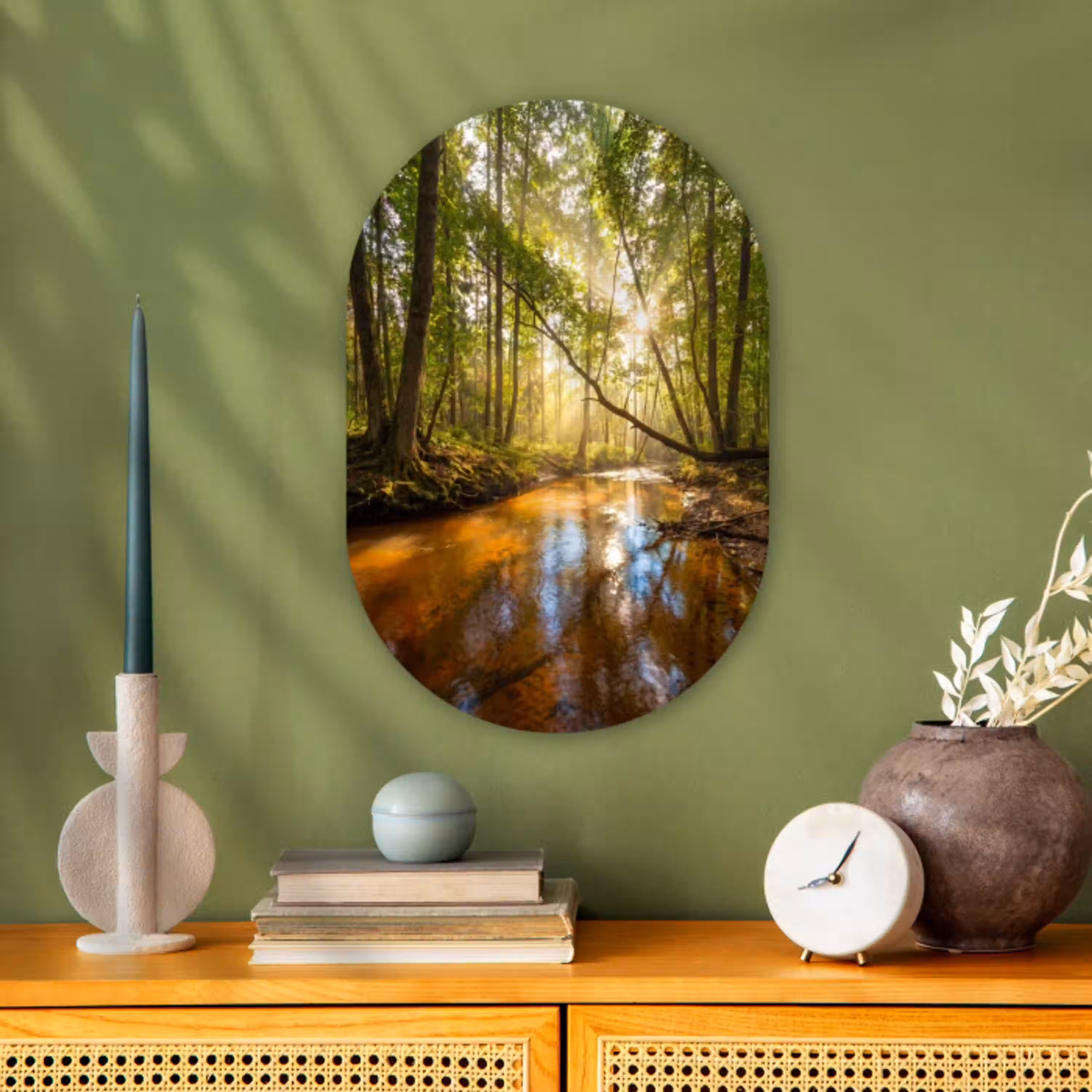 Bos - Beek - Zonlicht - Natuur - Groen Wandcirkel Ovaal Forex klein -sfeer2