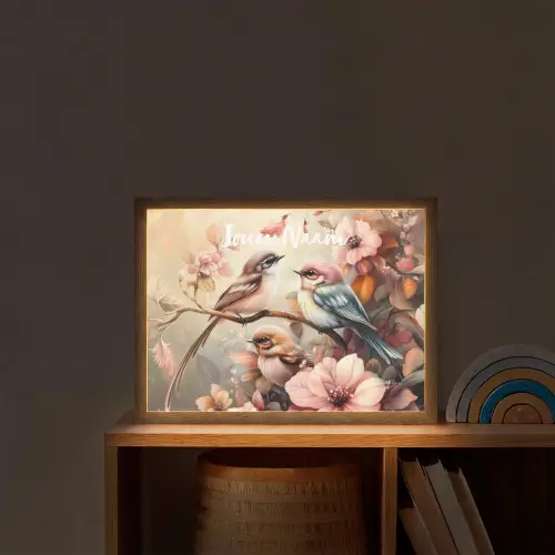 Vogels - Bloemen - Roze - Pastel Light Box met batterij (Wandlamp kind) middel -sfeer1_kind