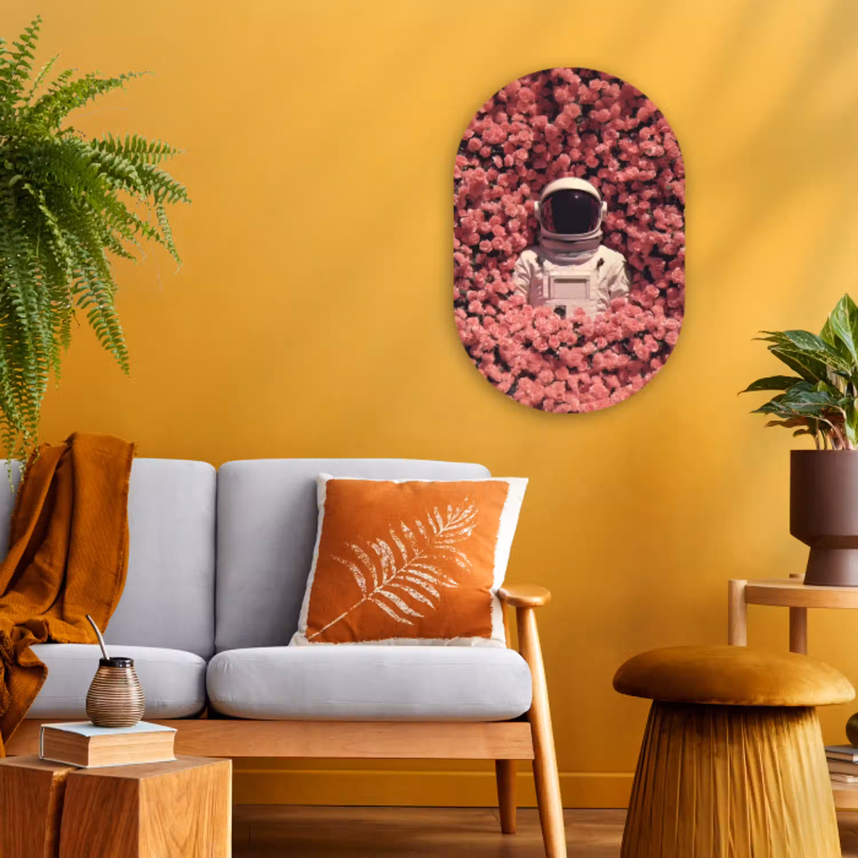 Bloemen - Roze - Astronaut Wandcirkel Ovaal Forex klein -sfeer4