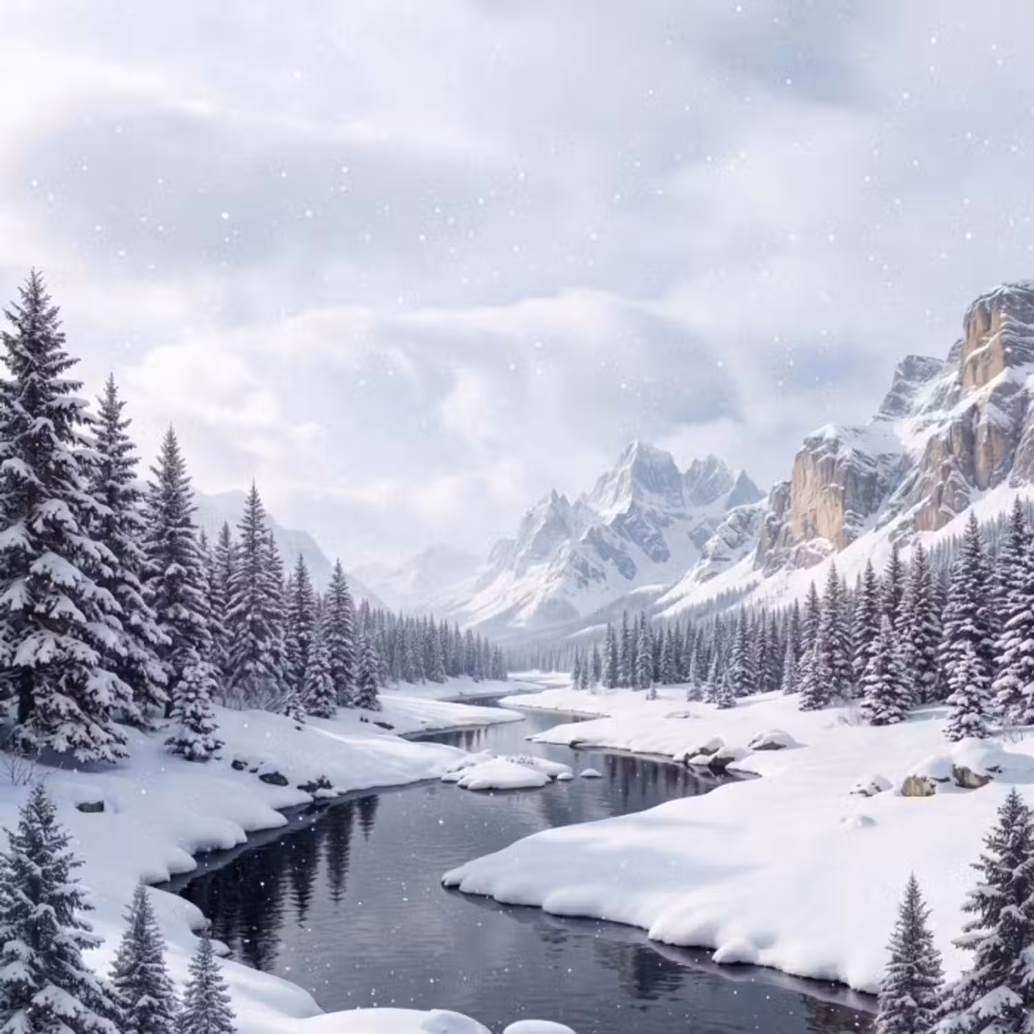 Tapete - Verschneite Landschaft - Berge - Fluss - Winter