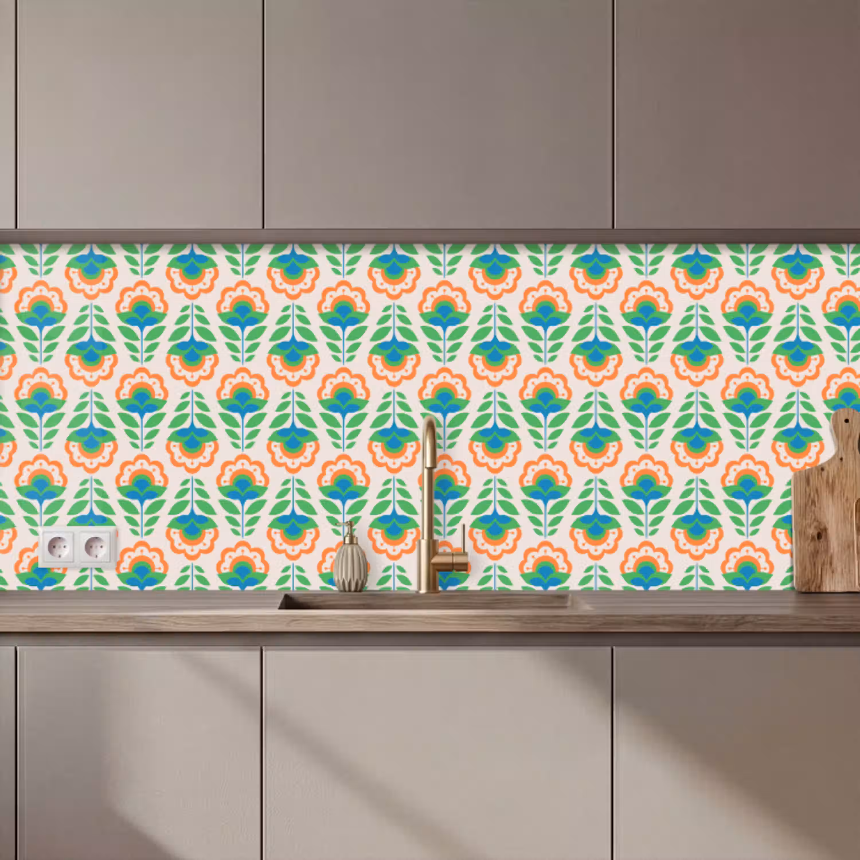 Retro - Bloemen - Design - Groen - Oranje keuken achterwand 2 middel 871 zz_3dshopping