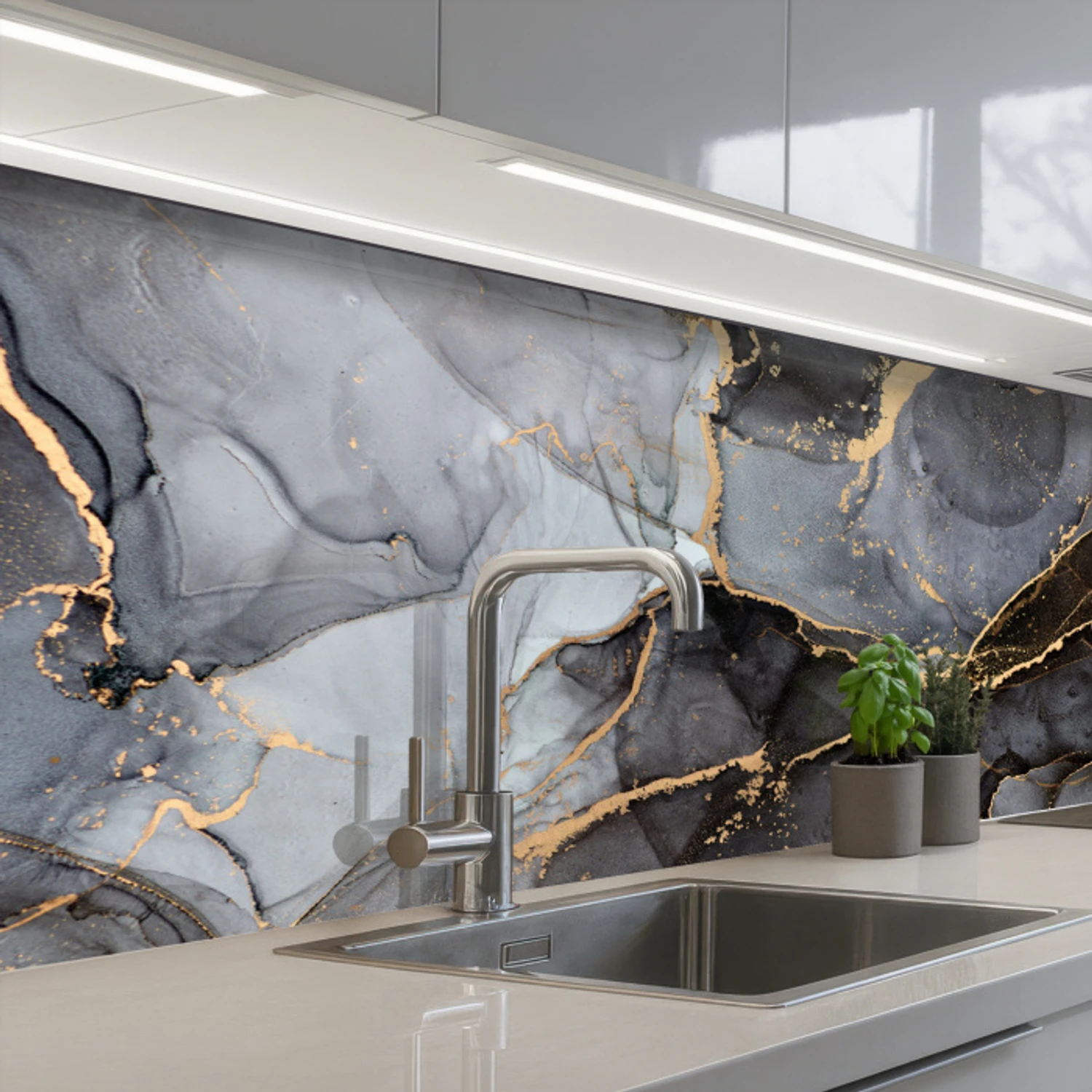 Marmer - Abstract - Goud - Grijs keuken achterwand 2 middel -3d_schuin