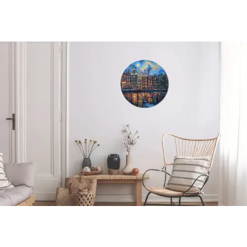 Grachten Amsterdam - Huizen - Stad - Kleurrijk Wandcirkel aluminium klein -woonkamer