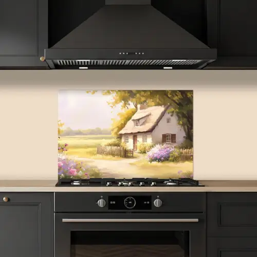 Huisje - Hout - Bloemen keuken achterwand spatscherm klein -sfeer1