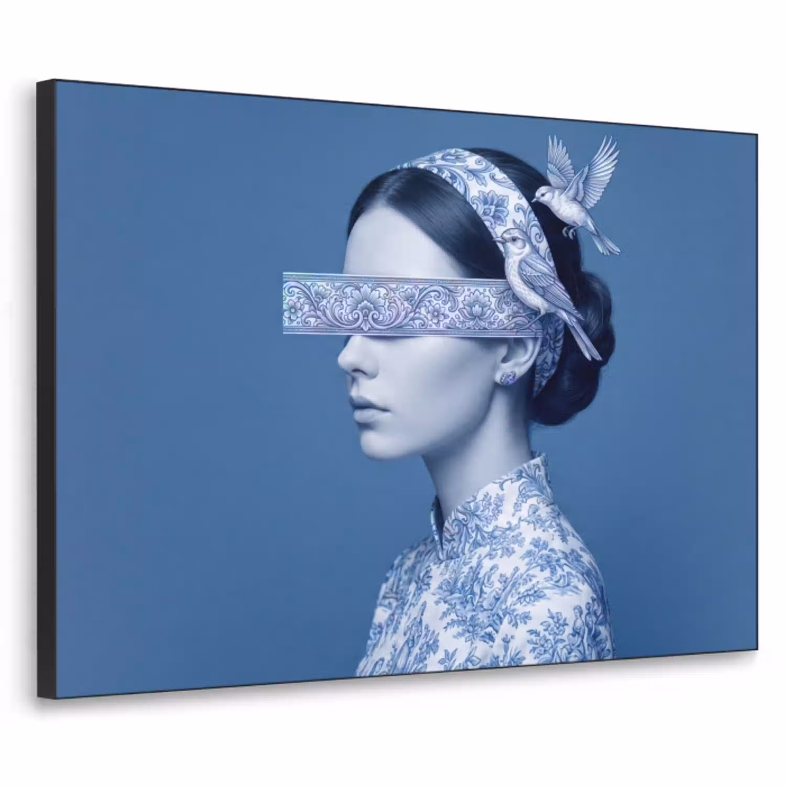 Portret - Klassiek - Wit - Blauw Textielframe zwart klein -3d