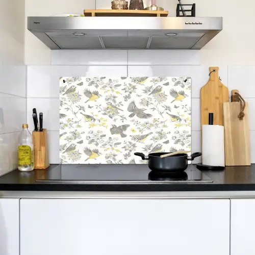 Birds - Flowers - Gray - Yellow Inductie beschemer met haakjes klein 777 -sfeer2