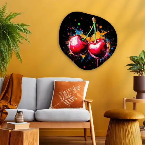 Kersen - Fruit - Graffiti - Verf - Abstract - Modern - Kleurrijk Wandcirkel Organisch Aluminium middel -sfeer4