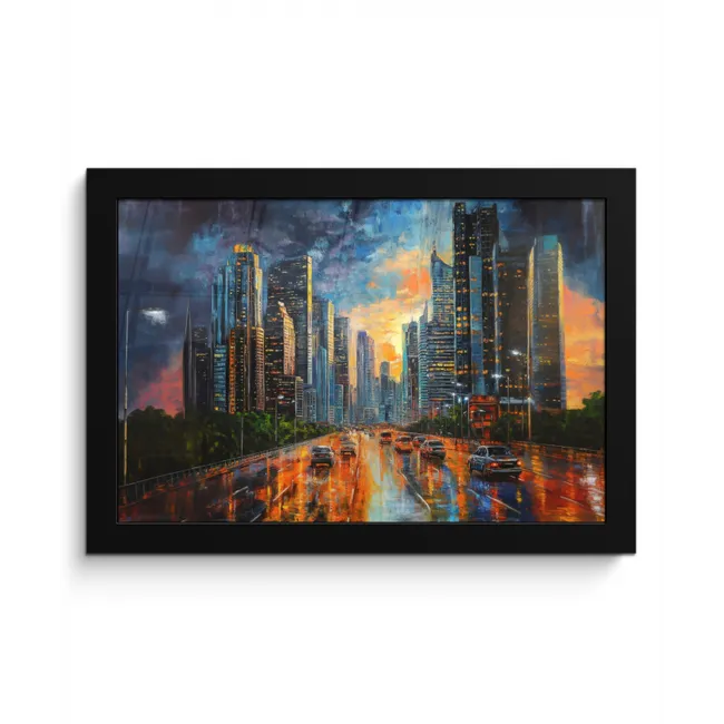 Auto - Skyline - Zon - Blauw fotolijst zwart zonder passe partout klein -3d