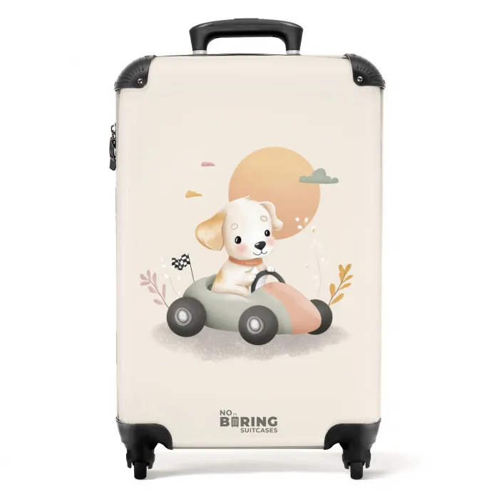 Puppy in een raceauto in beige kleuren NBS - Handbagage koffer - Volwassenen Unisex middel -productfoto_recht