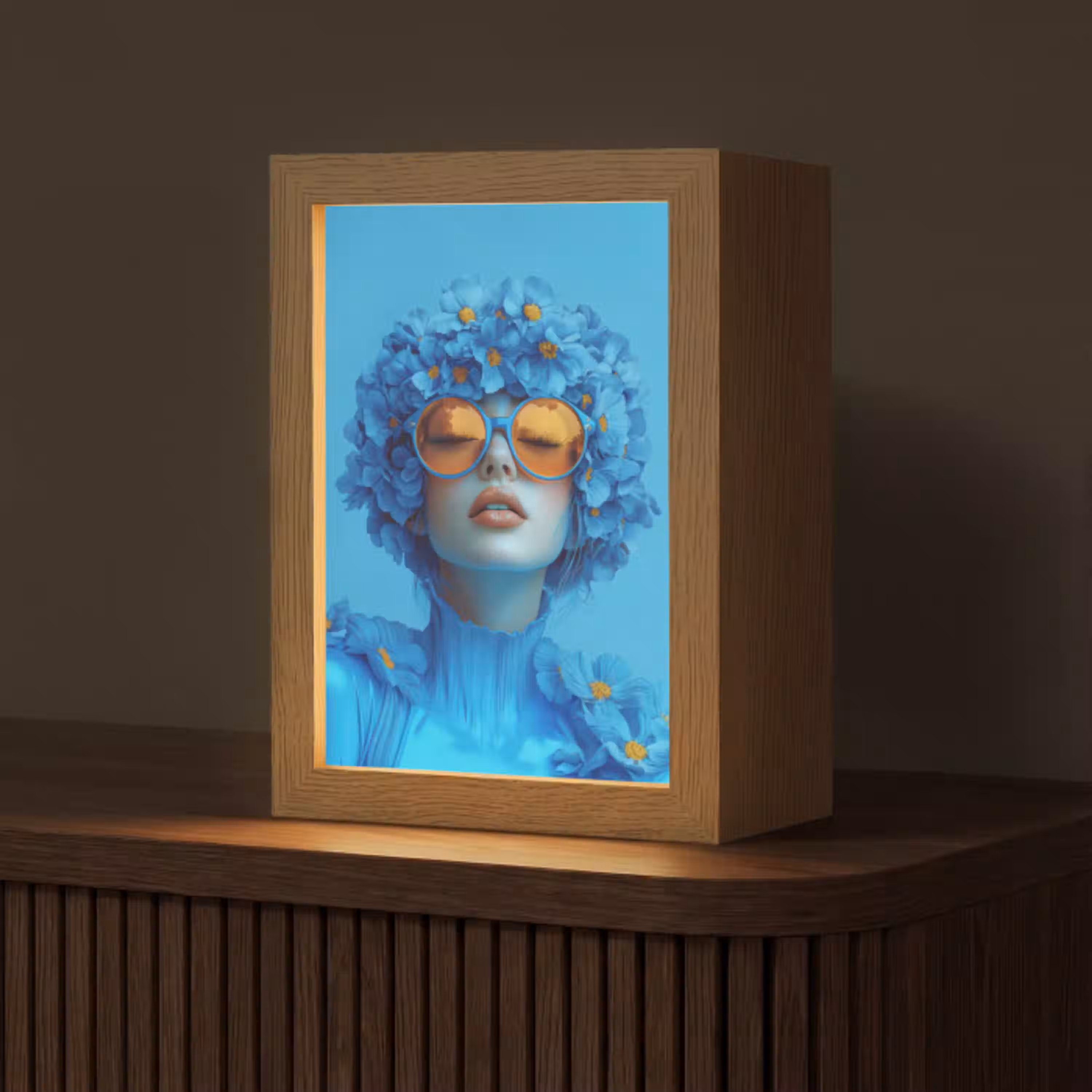 Vrouw - Bloem - Blauw - Modern - Bril - Portret Light Box met kabel (Tafellamp) klein -z3d_website