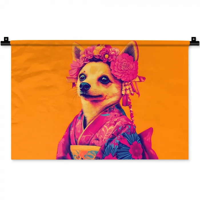 Kimono - Hondje - Bloemenkroon - Oranje Wandkleed katoen klein -zz3d