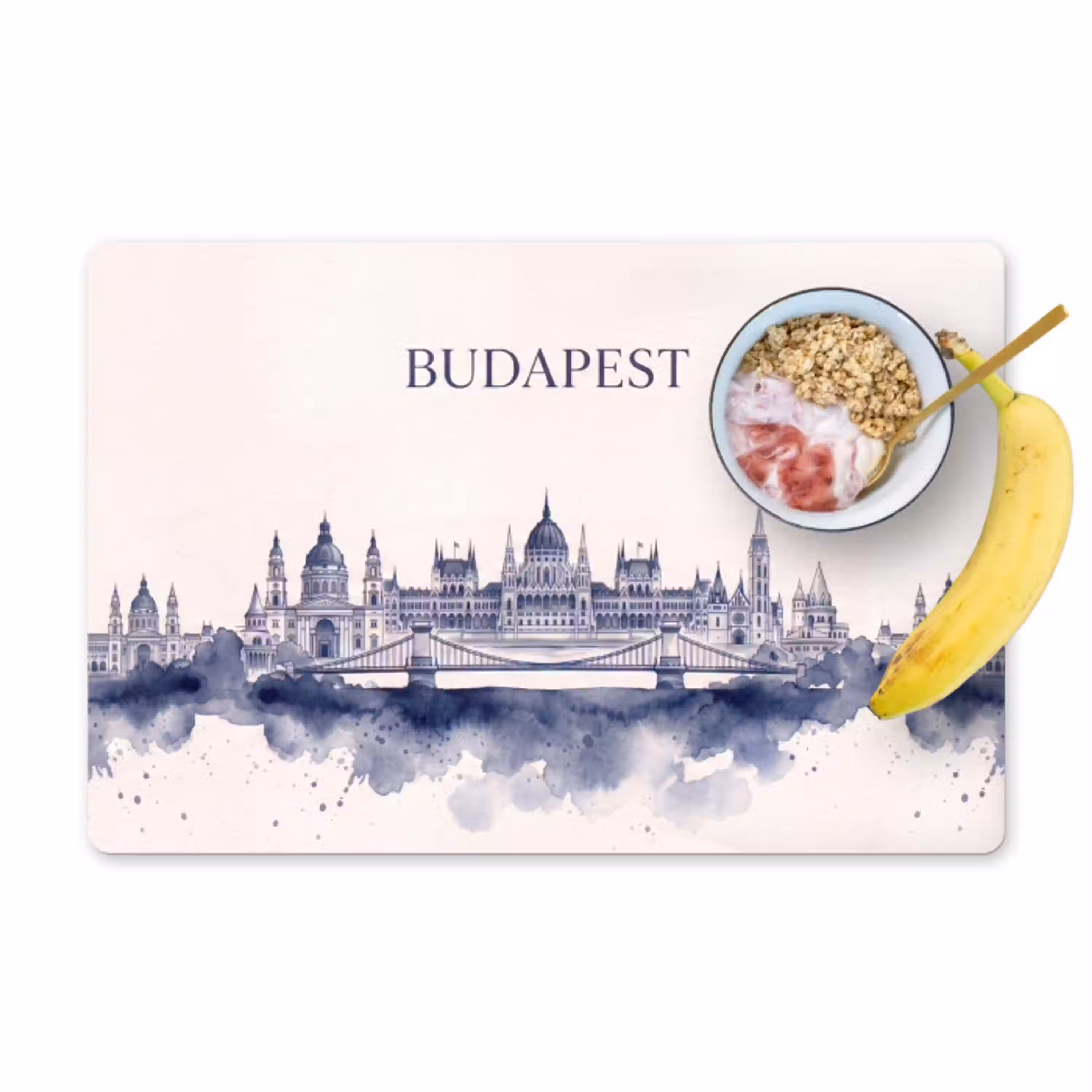 Boedapest - Skyline - Architectuur - Aquarel - Blauw Placemat vinyl groot -zzzproduct_Kitchenyeah-website