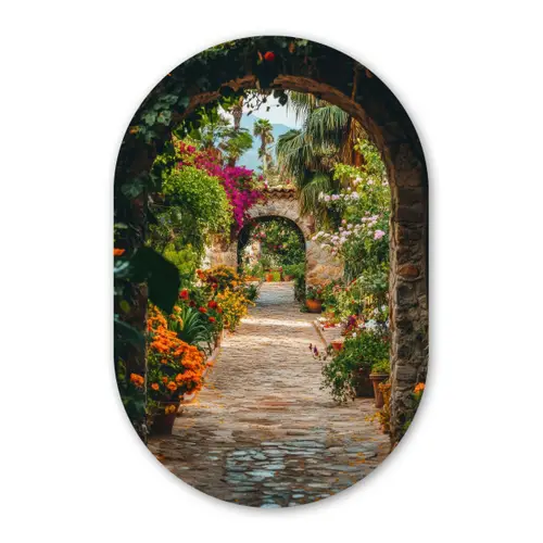 Doorkijk - Bloemen - Poort - Stenen Wandcirkel Ovaal Glas middel -3d