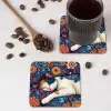 Kat - Bloemenpatroon - Blauw - Oranje onderzetter kurk middel -sfeer2