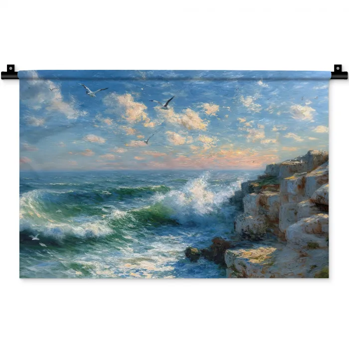 Zee - Golven - Rotsen - Meeuwen Wandkleed katoen klein -zz3d