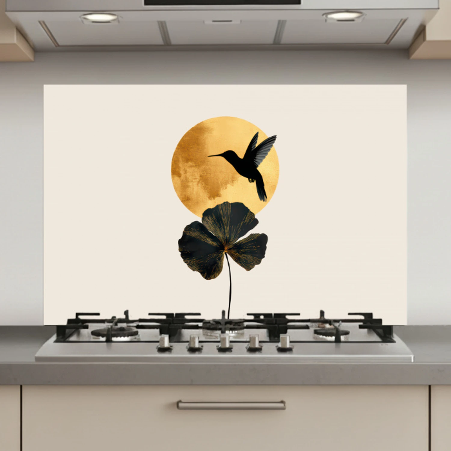 Zwarte kolibrie - Bloem - Gouden cirkel keuken achterwand spatscherm klein -3d_website