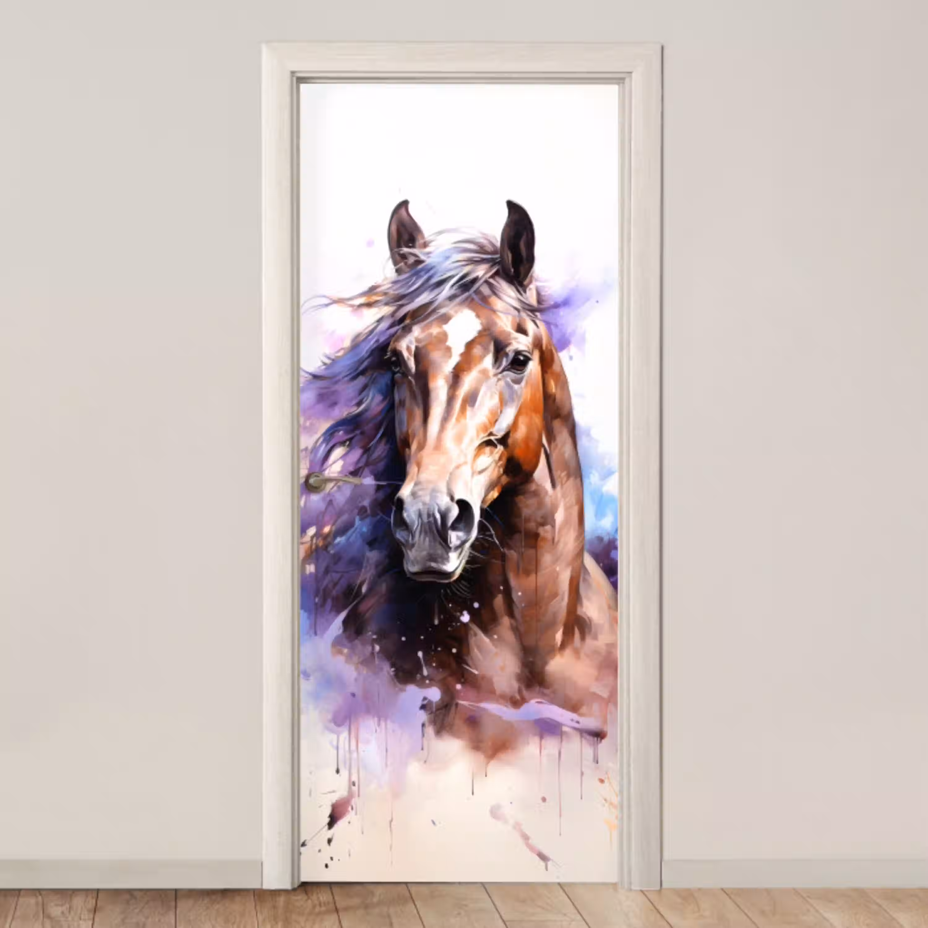 Paard - Dieren - Meisjes - Paars - Bruin deurposter klein -3d_beige