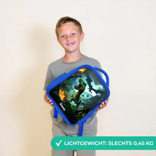 Dinosaurus en draak in vurige junglevallei Kinderrugzak - Blauw middel -sfeer1_NL
